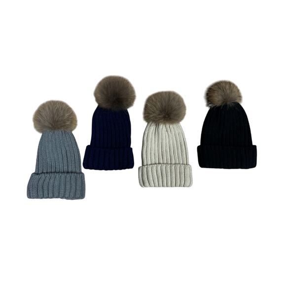 Kemo Sabe Aspen Ribbed Knit Beanie Fox Fur Pom – Gray | Navy | Cream | Black - Picture 2 of 13